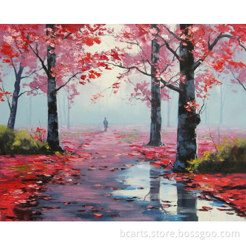 Realistic red leaves maple tree oil painting Suburb Scenery Decor Wall